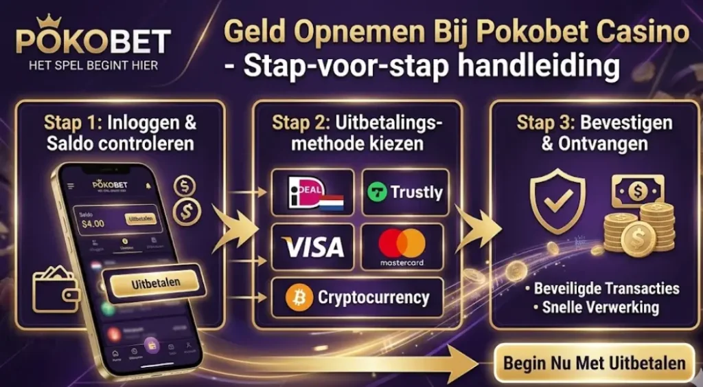 Stap-voor-stap handleiding voor geld opnemen bij Pokobet om het uitbetalingsproces uit te leggen.