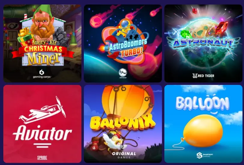 Overzicht van crash games bij Pokobet om de variëteit aan snelle casinospellen te tonen.