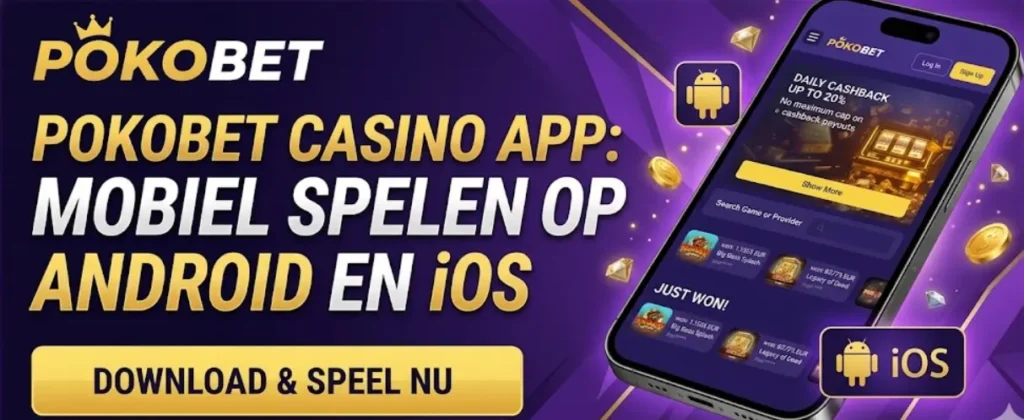 Banner van de Pokobet app voor Android en iOS om mobiel spelen en downloaden te promoten