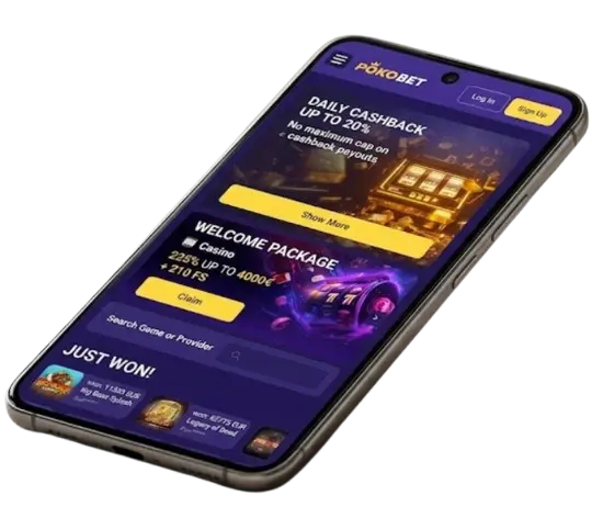 Smartphone met de Pokobet mobiele site op een zwarte achtergrond om de app-interface te tonen.