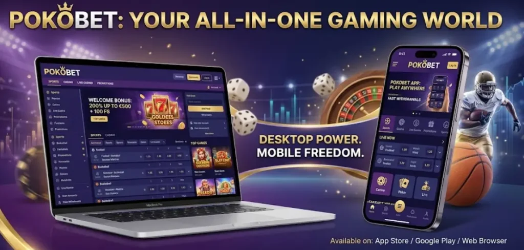 Banner met laptop en smartphone die het Pokobet-platform tonen voor cross-platform gokken.