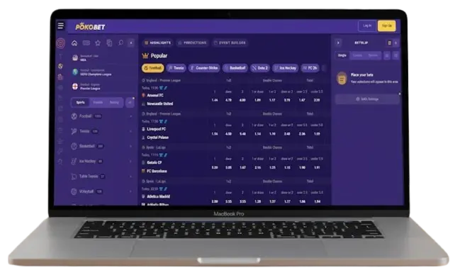 Laptop met de Pokobet sportwedden interface op tafel om de beschikbare markten te illustreren.